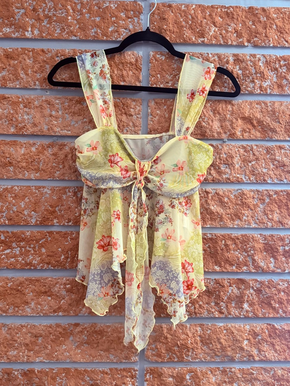 Floral Tie-Front Sleeveless Crop Top - Yellow